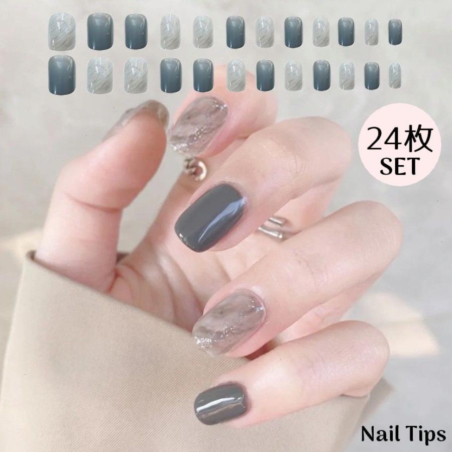 ネイルチップ つけ爪 24枚セット 12サイズ ショート 短め オーバル 貼るネイル マーブル柄 無地 ラメ ..