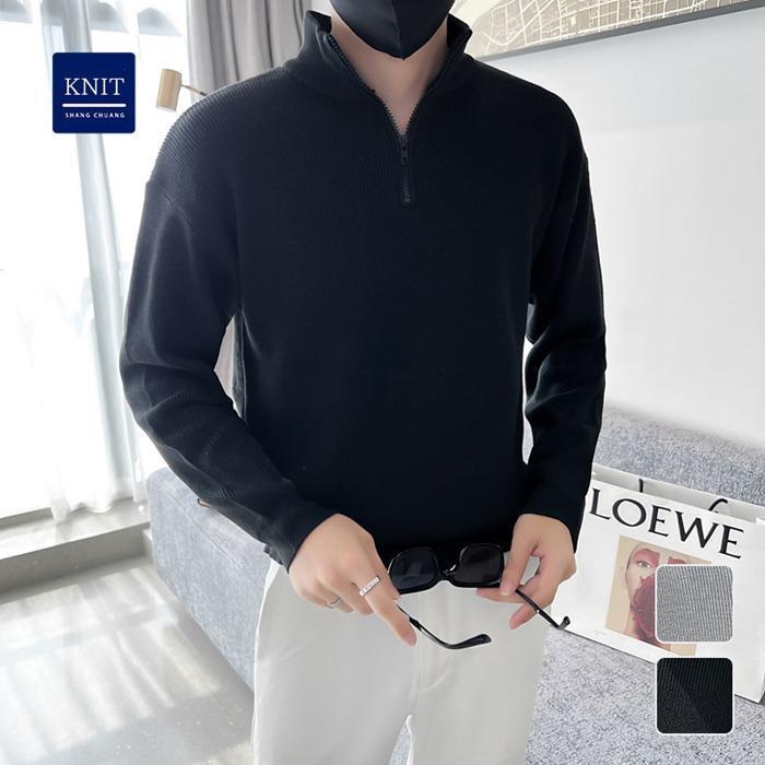 ニット セーター 春 メンズ ハーフジップ ニットセーター 春 ハイネック 立ち襟 無地 長袖 トップス 防..