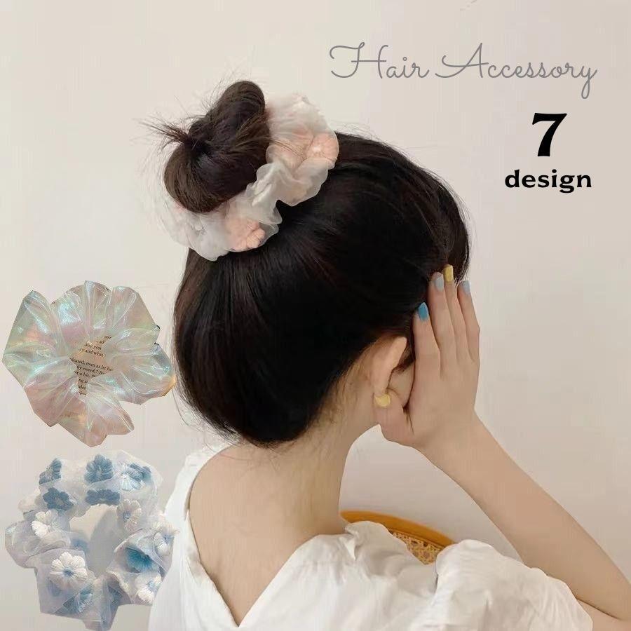 シュシュ レディース ヘアアクセサリー チュール シアー 透け感 花 刺繍 オーロラ イチゴ かわいい お..