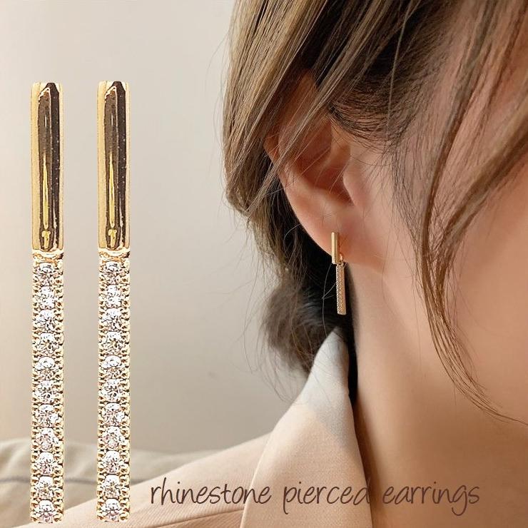スタッドピアス レディース アクセサリー Iライン バーピアス スティック スイングピアス ラインストー..