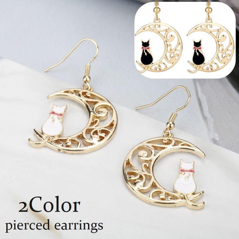 ピアス フックピアス レディース アクセサリー 猫 ネコ キャット ムーン 月 揺れる かわいい おしゃれ キュート お出かけ ギフト プレゼン ファ