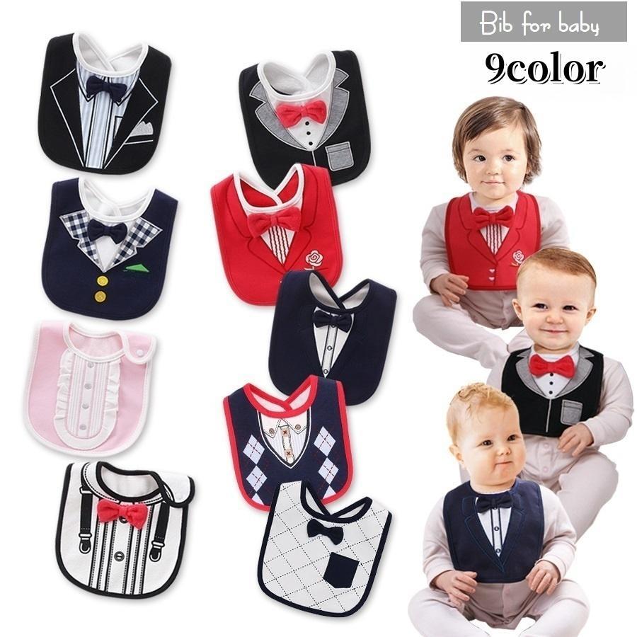 スタイ よだれかけ ベビー 赤ちゃん キッズ 男の子 乳児 エプロン 蝶ネクタイ チェック 飾りボタン 後ろボタン リボン ベスト風 重ね着風 サスペ