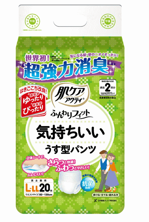 [薄型パンツタイプ] 肌ケアアクティ ふんわりフィット気持ちいいうす型パンツ（M-L22枚入/L-LL20枚入）日本製紙クレシア 大人用 紙オムツ 人間用 人用 紙パンツ おむつ おしめ 消臭 尿漏れ お漏らし 介護 尿取り 吸水ケア用品 吸収 排尿2回分【cp0317】