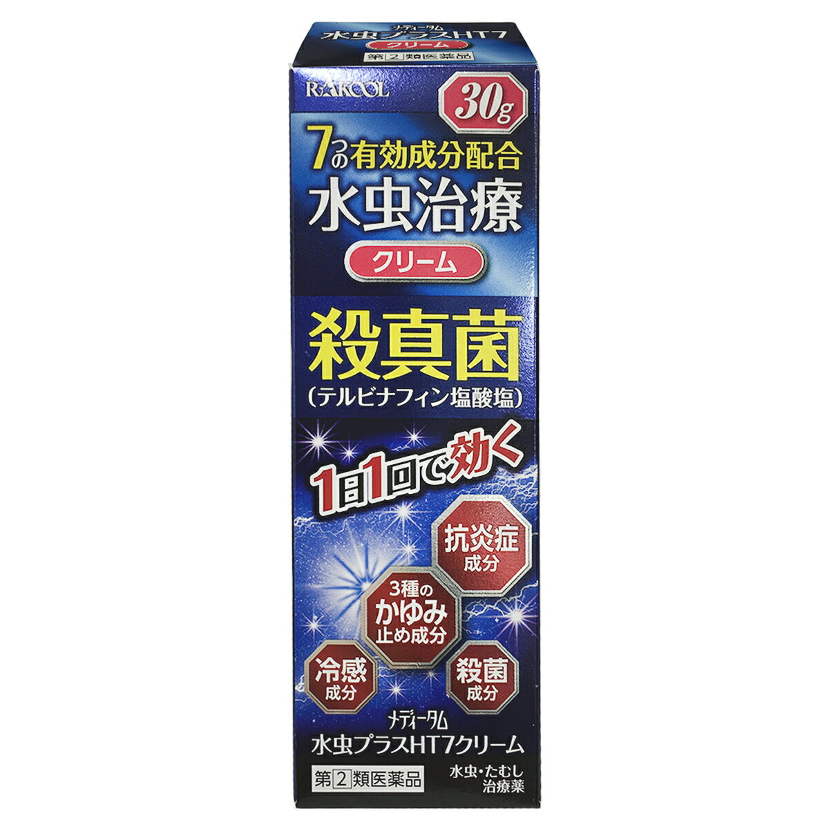 ※パッケージデザイン等は予告なく変更されることがあります。予め御了承下さい。商品特徴 ・殺真菌成分「テルビナフィン塩酸塩」が角質層に浸透し、持続的に効果を発揮します。・かゆみ止め成分リドカイン、ジフェンヒドラミンをW配合。 使用上の注意【してはいけないこと】1.次の人は使用しないでください 　本剤または本剤の成分によりアレルギー症状（発疹・発赤、かゆみ、浮腫等）を起こしたことがある人2.次の部位には使用しないでください 　(1)目や目の周囲、粘膜（例えば、口腔、鼻腔、膣等）、陰のう、外陰部等。　(2)湿疹。　(3)湿潤、ただれ、亀裂や外傷のひどい患部。 【相談すること】1.次の人は使用前に医師、薬剤師または登録販売者に相談してください　(1)医師の治療を受けている人。 　(2)妊婦または妊娠していると思われる人。　(3)乳幼児。　(4)薬などによりアレルギー症状を起こしたことがある人。 　(5)患部が顔面または広範囲の人。　(6)患部が化膿している人。 　(7)「湿疹」か「みずむし、いんきんたむし、ぜにたむし」かがはっきりしない人。（陰のうにかゆみ・ただれ等の症状がある場合は、湿疹等、別の原因による場合が多い。） 2.使用後、次の症状があらわれた場合は副作用の可能性があるので、直ちに使用を中止し、この説明文書を持って医師、薬剤師または登録販売者に相談してください [関係部位：症状] かぶれ、刺激感、熱感、鱗屑、落屑（フケやアカのように皮ふが剥がれる）、ただれ、乾燥・つっぱり感、皮ふの亀裂、痛み、色素沈着、発疹・発赤＊、かゆみ＊、はれ＊、じんましん＊ ＊：全身に発現することがあります。 3.2週間使用しても症状がよくならない場合、また、本剤の使用により症状が悪化した場合は使用を中止し、この説明文書を持って医師、薬剤師または登録販売者に相談してください 効能・効果水虫，いんきんたむし，ぜにたむし用法・用量1日1回，適量を患部に塗布してください。用法関連注意 (1)定められた用法・用量をお守りください。(2)患部やその周囲が汚れたまま使用しないでください。 (3)小児に使用させる場合には、保護者の指導監督のもとに使用させてください。 (4)目に入らないよう注意してください。万一、目に入った場合には、すぐに水またはぬるま湯で洗い、直ちに眼科医の診療を受けてください。 (5)外用にのみ使用してください。(6)本剤のついた手で、目や粘膜に触れないでください。成分・分量1g中 テルビナフィン塩酸塩10mgリドカイン20mgジフェンヒドラミン塩酸塩5mgグリチルレチン酸5mg イソプロピルメチルフェノール3mgクロタミトン50mgl-メントール20mg医薬品の保管及び取り扱い上の注意 （1）直射日光の当たらない湿気の少ない涼しい所に密栓して保管してください。（2）小児の手の届かない所に保管してください。 （3）他の容器に入れかえないでください（誤用の原因になったり品質が変わることがあります）。 （4）使用期限（外箱及び容器に記載）を過ぎた製品は使用しないでください。また，使用期限内であっても，開封後はなるべく速やかに使用してください。 （5）火気に近づけないでください。（6)使用済み容器を火中に投じないでください。 （7）メガネ、時計、アクセサリー等の金属類、化繊の衣類、プラスチック類、床や家具などの塗装面等に付着すると変質することがありますので、付着しないよう注意してください。 区分：日本製・指定第2類医薬品お問い合わせ先ラクール薬品販売株式会社　消費者相談窓口問合せ先TEL：受付時間： 東京都足立区鹿浜1-9-140120-86-8998(フリーダイヤル)9：00〜17：00（土・日・祝祭日を除く）広告文責 くすりの勉強堂TEL 0248-94-8718■製造販売元：東光薬品工業株式会社