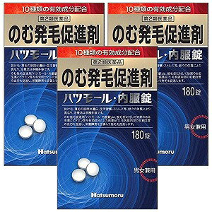 特徴●抜け毛、薄毛の原因は遺伝、生活習慣、ストレス等 個々の体質により異なり、その治療法は多種多様です。 そのため、外用剤以外にも体内からの治療が必要です。「ハツモール・内服錠」は脱毛症に対して効果のある生薬とビタミン等を有効成分とした医薬品で、毛乳頭内部の毛細血管の血行を促進し、栄養障害を改善して、体内から毛根部の障害を正常な状態によみがえらせることで発毛を促進します。 ●「ハツモール・内服錠」は粃糠性脱毛症の原因となる脂質分泌異常を正常にして、脱毛部の血行をよくする作用があります。 また、精神的なストレスや自律神経障害による円形脱毛症には内科的な精神安定を補助し、体内より栄養を補給し、皮下組織の栄養不足を改善して、発毛しやすい体質にします。 ●使用上の注意■■してはいけないこと■■ (守らないと現在の症状が悪化したり、副作用・事故が起こりやすくなる)1.次の人は服用しないでください。(1)小児(15才未満) (2)適応症(脱毛症)以外の人■■相談すること■■1.次の人は使用前に医師、薬剤師又は登録販売者に相談してください。 (1)医師の治療を受けている人(2)妊婦または妊娠していると思われる人(3)本人又は家族がアレルギー体質の人 (4)薬によりアレルギー症状を起こしたことがある人 2.服用後、次の症状があらわれた場合は副作用の可能性があるので、直ちに使用を中止し、この添付文書を持って医師、薬剤師又は登録販売者に相談してください。 関係部位:皮膚症状:発赤、発疹、かゆみ 関係部位:消化器系症状:悪心、嘔吐、下痢、腹痛●効能・効果粃糠性脱毛症※、円形脱毛症 ※粃糠性脱毛症とは、皮脂の分泌異常により角質がはがれて出来るフケが原因となって引き起こされる脱毛症です。●用法・用量 成人1日6錠を水またはお湯で2~3回に分けて服用してください。●用法・用量に関する注意1.用法・用量を厳守してください。 2.錠剤の取り出し方錠剤の入っているPTPシートの凸部を指先で強く押して、裏面のアルミ箔を破り、取り出して服用してください。(誤ってそのまま飲み込んだりすると食道粘膜に突き刺さる等思わぬ事故につながります) ●成分・分量 [6錠(成人の1日の服用量)中]成分:カンゾウ末分量:500.202mg働き:炎症やアレルギーを抑える。 成分:イノシトールヘキサニコチン酸エステル分量:480mg働き:末梢血管を拡張し、血行を良くする。成分:セファランチン 分量:0.015mg働き:末梢血管拡張作用により毛成長を促進する。免疫機能を増強する。成分:アリメマジン酒石酸塩 分量:0.03mg働き:抗ヒスタミン作用があり、かゆみを抑える。成分:パントテン酸カルシウム分量:497.298mg 働き:毛髪や皮膚の栄養状態を整える。成分:チアミン塩化物塩酸塩分量:2.49mg 働き:神経や筋肉の働きをよくする。糖質を分解してエネルギーに変える。成分:リボフラビン分量:0.996mg 働き:皮膚、爪、毛髪の成長を促進する。成分:ピリドキシン塩酸塩分量:2.49mg 働き:皮脂腺の働きを正常化し、過剰な皮脂の分泌を抑制する。成分:アスコルビン酸分量:12.45mg 働き:血管、皮膚、粘膜、免疫力を強化する。活性酸素の害を防ぐ。成分:ニコチン酸アミド分量:4.98mg 働き:血行を促進する。神経系に働き、ストレスを解消する。 添加物:乳糖水和物、バレイショデンプン、リン酸水素カルシウム水和物、ヒドロキシプロピルセルロース、クロスカルメロースナトリウム、タルク、ステアリン酸マグネシウム、ヒプロメロースフタル酸エステル、グリセリン脂肪酸エステル、酸化チタン、カルナウバロウ ●保管及び取扱いの注意 1)直射日光の当たらない湿気の少ない涼しい所に保管してください。2)小児の手の届かない所に保管してください。 3)誤用をさけ、品質を保持するため、他の容器に入れかえないでください。4)アルミピロー開封後はすみやかに服用してください。 5)本剤は外装に記載されている使用期限内に服用してください。包装60錠(10錠×6)/180錠(10錠×18)アルミピロー包装品 ●お問い合わせ先本品についてのお問い合わせは、お買い求めのお店または下記までご連絡下さいますようお願い申し上げます。株式会社 田村治照堂 お客様相談室住所:〒546-0035 大阪市東住吉区山坂3-6-15電話:06-6622-6482 受付時間:月~金曜日 9:00~17:00(祝祭日を除く)■製造販売元：株式会社 田村治照堂広告文責くすりの勉強堂TEL 0248-94-8718文責：薬剤師　薄葉 俊子