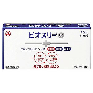 ※パッケージデザイン等は予告なく変更されることがあります。予め御了承下さい。【商品特徴】 ・ビオスリーは小腸から大腸の部位ごとに働く3つの活性菌（「酪酸菌」、「乳酸菌」、「糖化菌」）を配合しています。 ・腸内フローラと大腸のバリア機能を改善することで、日ごろの便通を整えます。・便秘や軟便にも、日ごろのおなかのケアにも使えます。 ・のみやすい、やや甘みのある小粒の錠剤です。【効能・効果】整腸（便通を整える）、便秘、軟便、腹部膨満感。【用法・用量】 次の量を食後服用してください。　年齢：1回量：1日服用回数成人（15歳以上）：2錠：3回5歳以上15歳未満：1錠 5歳未満：服用しないこと【成分・分量】成人1日量(6錠中)ラクトミン（乳酸菌）・・・30g酪酸菌・・・150mg 糖化菌・・・150mg添加物として、ポリビニルアルコール（完全けん化物）、ポビドン、バレイショデンプン、乳糖水和物、ステアリン酸Mgを含有する。 【使用上の注意】相談すること1.次の人は服用前に医師又は薬剤師にご相談ください。医師の治療を受けている人。 2.次の場合は、服用を中止し、この添付文書を持って医師又は薬剤師にご相談ください。1ヵ月位服用しても症状がよくならない場合。 【保管および取扱い上の注意】(1)直射日光のあたらない湿気の少ない涼しい所に密栓して保管してください。 (2)小児の手の届かない所に保管してください。(3)他の容器に入れ替えないでください。 (誤用の原因や品質が変わるおそれがあります。) (4)本剤は湿気を吸いやすいので、服用のつど必ずフタをかたくしめてください。 (5)ビンの中の上部のつめものは、錠剤がこわれるのを防ぐために入れてありますので、フタを開けた後は取り除いてください。 (6)使用期限のすぎた製品は服用しないでください。(7)箱とビンの「開封年月日」記入欄に、ビンを開封した日付を記入してください。 (8)一度開封した後は、品質保持の点から開封日より6ヵ月以内を目安になるべくすみやかに服用してください。【区分】日本・指定医薬部外品 【お問い合わせ先】アリナミン製薬株式会社541-0045 大阪市中央区道修町四丁目1番1号0120-56-7087 ■製造販売元：東亜薬品工業株式会社■販売元：アリナミン製薬株式会社くすりの勉強堂0248-94-8718 文責：薬剤師　薄葉 俊子