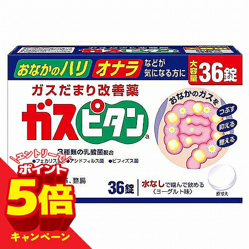 ※パッケージデザイン等は予告なく変更されることがあります。予め御了承下さい。【商品特徴】 ・消化酵素（ゼルラーゼAP3）の働きで食物繊維を分解し、ガスの発生を抑えます。 ・消泡剤（ジメチルポリシロキサン）の働きで胃や腸内に発生したガス溜まりをつぶし、膨満感を抑えます。 ・3種類の乳酸菌（ビフィズス菌、フェカリス菌、アシドフィルス菌）の乳酸菌配合でおなかの調子を整えます。【効能・効果】 腹部膨満感、整腸（便通を整える）、軟便、便秘【用法・用量】成人（15歳以上）1回1錠： 1日3回、食前または食間にかみ砕くか口中で溶かして服用する※食間とは「食事と食事の間」という意味で、食後約2時間後をさします。 【剤形】錠剤【成分・分量】1日量（3錠）中ラクトミン(フェカリス菌)…24mg ラクトミン(アシドフィルス菌)…54mgビフィズス菌…24mgセルラーゼAP3…180mgジメチルポリシロキサン…180mg 添加物：ラクチトール，結晶セルロース，軽質無水ケイ酸，クロスカルメロースナトリウム，ステアリン酸マグネシウム，カルメロースナトリウム，香料 【使用上の注意】■相談すること1．次の人は服用前に医師または薬剤師に相談すること（1）医師の治療を受けている人 （2）本人または家族がアレルギー体質の人（3）薬によるアレルギー症状をおこしたことがある人 2．次の場合は，直ちに服用を中止し，この文書を持って医師または薬剤師に相談すること（1）服用後，次の症状があらわれた場合 ［関係部位：症状］皮ふ：発疹・発赤，かゆみ（2）2週間位服用しても症状がよくならない場合 3.次の症状があらわれることがあるので，このような症状の継続または増強が見られた場合には，服用を中止し，医師または薬剤師に相談すること下痢 【医薬品の保管及び取り扱い上の注意】(1)直射日光の当たらない湿気の少ない涼しい所に密栓して保管してください。 (2)小児の手の届かない所に保管してください。(3)他の容器に入れ替えないでください。(誤用の原因になったり品質が変わります) (4)使用期限を過ぎた製品は使用しないでください。【区分】日本製・第3類医薬品【お問い合わせ先】小林製薬株式会社 〒541-0045　大阪市中央区道修町4-3-6お客様相談室／受付時間 9時〜17時0120-5884-01広告文責 くすりの勉強堂TEL 0248-94-8718文責：薬剤師　薄葉 俊子■発売元：小林製薬株式会社【使用期限 1年以上】