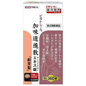 特徴加味逍遙散エキス錠「創至聖」は、古くから中国に伝わる漢方処方「加味逍遙散」を飲みやすくしたエキス錠です。疲れやすくイライラしがちな方の月経不順、更年期障害、冷え性、不眠症などによく効きます。 効能・効果体力中等度以下で、のぼせ感があり、肩がこり、疲れやすく、精神不安やいらだちなどの精神神経症状、ときに便秘の傾向のあるものの次の諸症: 冷え性、虚弱体質、月経不順、月経困難、更年期障害、血の道症、不眠症&lt;効能・効果に関連する注意&gt; 血の道症とは、月経、妊娠、出産、産後、更年期など女性のホルモンの変動に伴って現れる精神不安やいらだちなどの精神神経症状及び身体症状のことである。 用法・用量次の量を食前又は食間に水か白湯で服用する。成人(15才以上):1日3回、1回4錠7才以上15才未満:1日3回、1回3錠 5才以上7才未満:1日3回、1回2錠5才未満　　　　:服用しないこと食間とは食事と食事の間で、前の食事から2〜3時間後成分 1日量(12錠)中加味逍遙散エキス(1/2量) 2.5g「トウキ 1.5g、シャクヤク 1.5g、ビャクジュツ 1.5g、ブクリョウ 1.5g、サイコ 1.5g、ボタンピ 1.0g、サンシシ 1.0g、カンゾウ 1.0g、ショウキョウ 0.5g、ハッカ 0.5g、より製した乾燥エキス」添加物:乳糖、セルロース、CMC-Ca、沈降炭酸Ca、ステアリン酸Mg、無水ケイ酸を含有 本剤は天然物(生薬)を用いているので、錠剤の色が多少異なることがある。使用上の注意■相談すること 1.次の人は服用前に医師、薬剤師又は登録販売者に相談すること〔(1) 医師の治療を受けている人。(2) 妊婦又は妊娠していると思われる人。(3) 胃腸の弱い人。(4) 高齢者。(5) 今までに薬などにより発疹・発赤、かゆみ等を起こしたことがある人。(6) 次の症状のある人。〔むくみ〕(7) 次の診断を受けた人〔高血圧、心臓病、腎臓病〕 2.服用後、次の症状があらわれた場合は副作用の可能性があるので、直ちに服用を中止し、この文書を持って医師、薬剤師又は登録販売者に相談すること 〔関係部位:症状〕 〔皮膚:発疹・発赤、かゆみ〕〔消化器:吐き気・嘔吐、食欲不振、胃部不快感〕 まれに下記の重篤な症状が起こることがある。その場合は直ちに医師の診療を受けること。&lt;偽アルドステロン症ミオパチー&gt; 手足のだるさ、しびれ、つっぱり感やこわばりに加えて、脱力感、筋肉痛があらわれ、徐々に強くなる。&lt;肝機能障害&gt; 発熱、かゆみ、発疹、黄疸(皮膚や白目が黄色くなる)、褐色尿、全身のだるさ、食欲不振等があらわれる。&lt;腸間膜静脈硬化症&gt; 長期服用により、腹痛、下痢、便秘、腹部膨満等が繰り返しあらわれる。 3.服用後、次の症状があらわれることがあるので、このような症状の持続又は増強が見られた場合には、服用を中止し、医師、薬剤師又は登録販売者に相談すること 下痢4.1ヵ月位服用しても症状がよくならない場合は服用を中止し、この文書を持って医師、薬剤師又は登録販売者に相談すること 5.長期連用する場合には、医師、薬剤師又は登録販売者に相談すること保管および取扱い上の注意(1) 直射日光の当たらない湿気の少ない涼しい所に密栓して保管すること。(2) 小児の手の届かない所に保管すること。(3) 他の容器に入れ替えないこと。(誤用の原因になったり品質が変わる。)(4) 湿りやすいので、服用後はフタをしっかり締めて保管すること。(5) ぬれた手で本剤に触れないこと。(水分が錠剤につくと、変色の原因になる。)区分 第2類医薬品原産国 日本■発売元：北日本製薬株式会社　〒930-0314　富山県中新川郡上市町若杉55 ≪お客様相談窓口≫ 電話番号:076-472-1011　受付 9:00〜16:30 (土、日、祝日を除く )広告文責くすりの勉強堂 TEL 0248-94-8718文責：薬剤師　薄葉 俊子