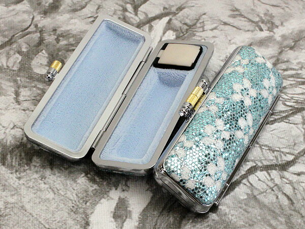 【100円クーポン中】印鑑ケース はんこケース きらめき ラメ ケース ブルー色 花 13.5mm 〜 15mm かわいい 印鑑収納 朱肉付き プレゼントやギフ...