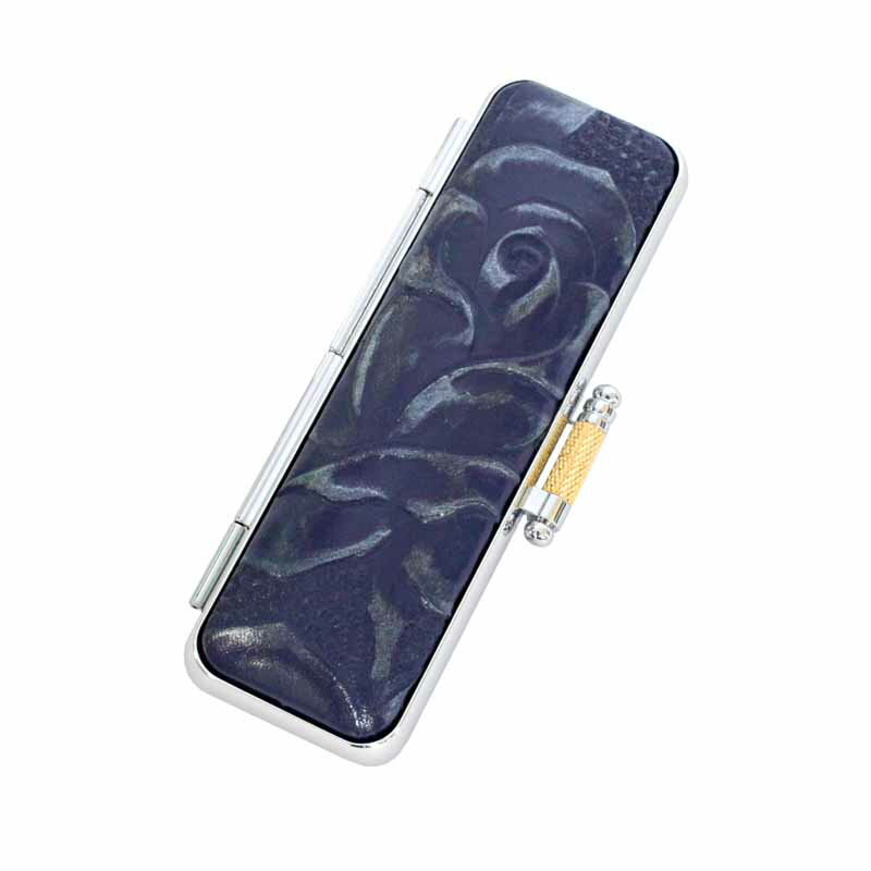 【100円クーポン中】印鑑ケース 15mm はんこケース 牛革 バラ押し ケース ダークブルー 薔薇 13.5mm〜15mm おしゃれ 印鑑収納 朱肉付き ハン...