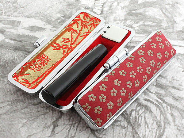 印鑑 銀行印 ケース付き セット はんこ 黒水牛 印鑑セット ケース付セット 12mm アタリ付き 銀行印 認印 鹿革 赤印伝 印鑑ケース ケース付き 桜花びら...