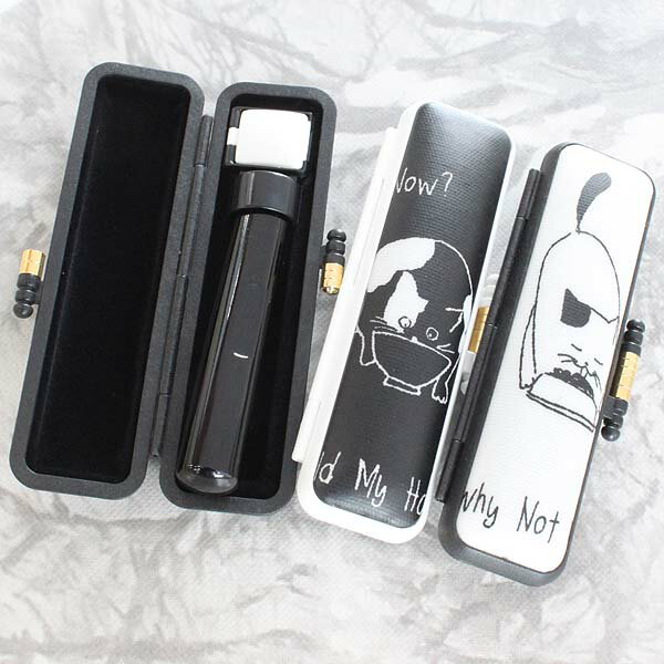 印鑑 はんこセット 黒水牛 ケース付き 10.5mm または 12mm 認印 銀行印 黒&白モノクロ 猫 印鑑ケース ケース付きセット 全2色 かわいい アタリ...