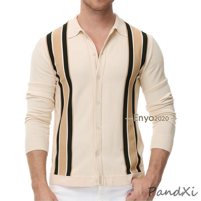ニットソー ポロシャツ ニットセーター 長袖 メンズ 前開き ストライプ柄 襟付きカーディガン カラー配..