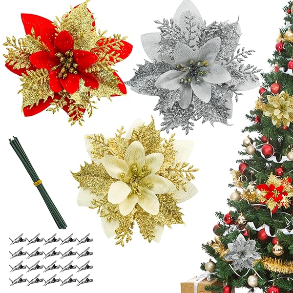 クリスマス 造花 24個入り クリスマスツリー飾り 装飾 花 オーナメント 人工花 ポインセチア bens-roots-10020190 BENS ROOTS パッケージ画像