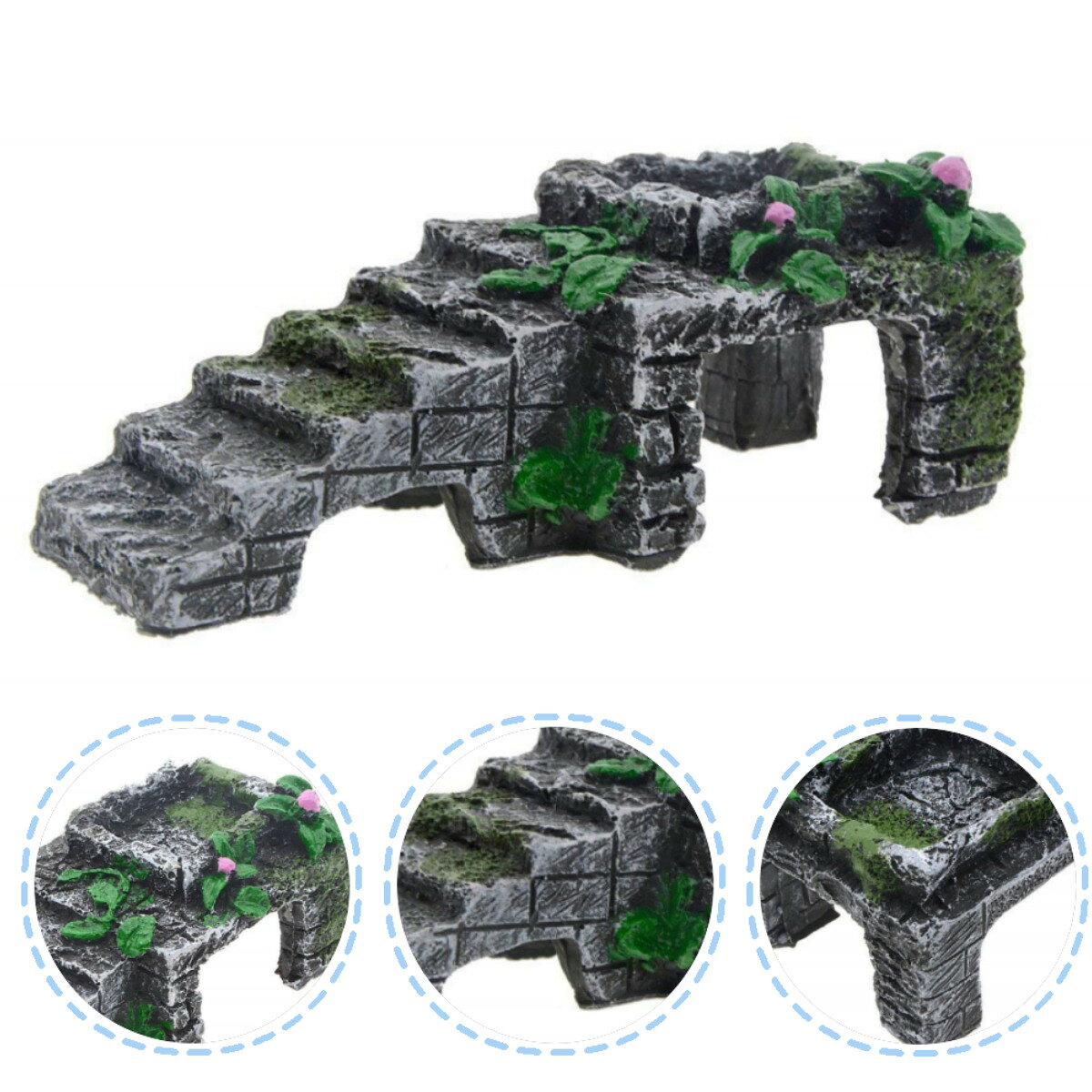 古代遺跡水族館の装飾品、階段と植物が付いた樹脂製の水槽の装飾、トカゲやカメのための爬虫類の隠れ家洞窟