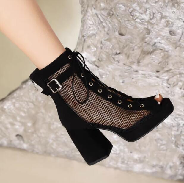 レディース靴 透かし 9.5センチヒール シースルー 夏 ハイヒール ローヒールサンダル ショートブーツ 編み上げシューズ