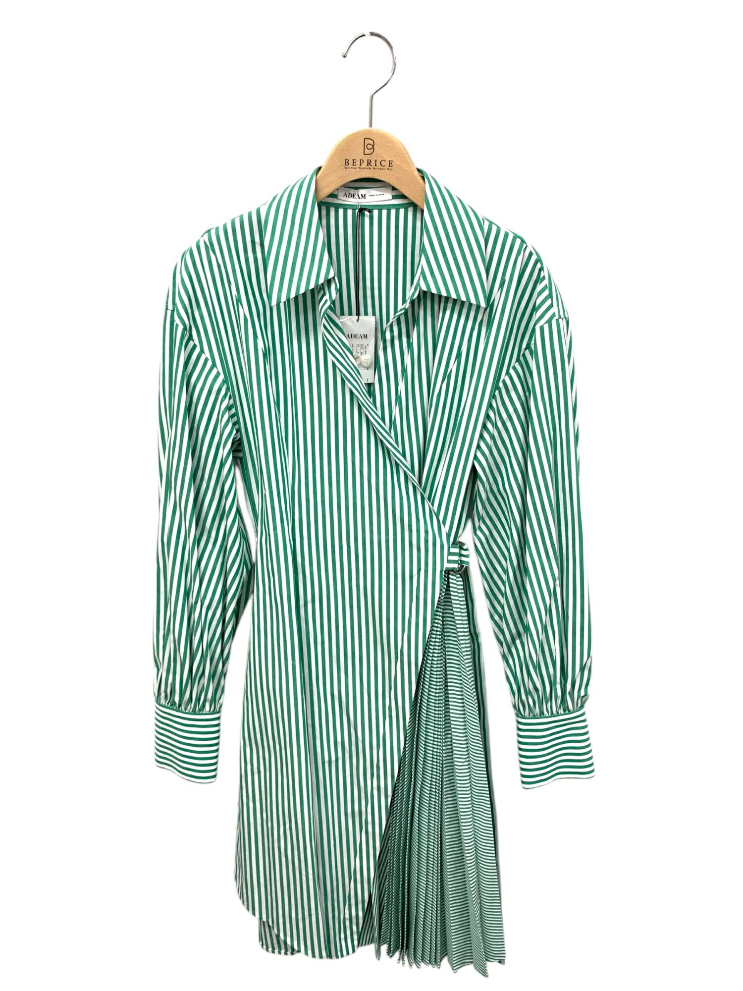 アディアム Amalfi Dress 44737 シャツワンピース 0 グリーン プリーツ ストライプ【中古】 ITJU30ZLX94O