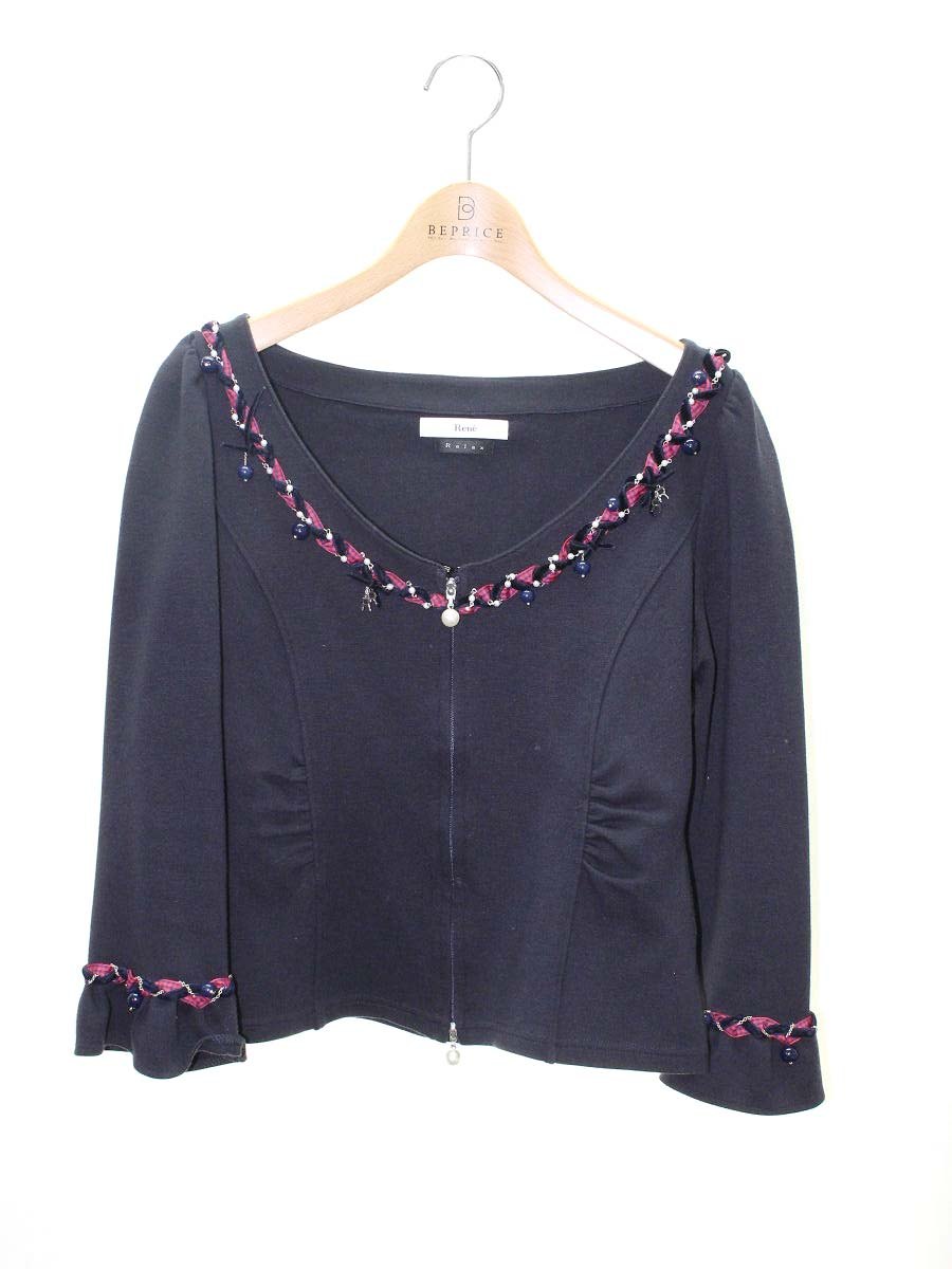 新品同様♡Reneルネ♡パールチャーム付き 5部袖カーディガン ネイビー 36 新品同様♡Reneルネ♡パールチャーム付き 5部袖カーディガン