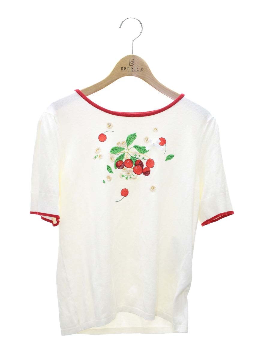 スーパービューティー トップス 42 ホワイト ニット半袖 チェリーフラワー刺繍 リボン【中古】 ITCUT3UGPS6S