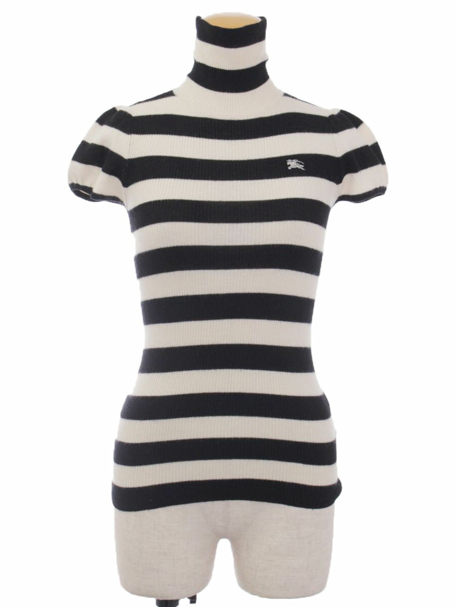 バーバリーブルーレーベル ニット セーター タートルネック 刺繍ロゴ ボーダー 半袖 38【Bランク】【中古】tn220904