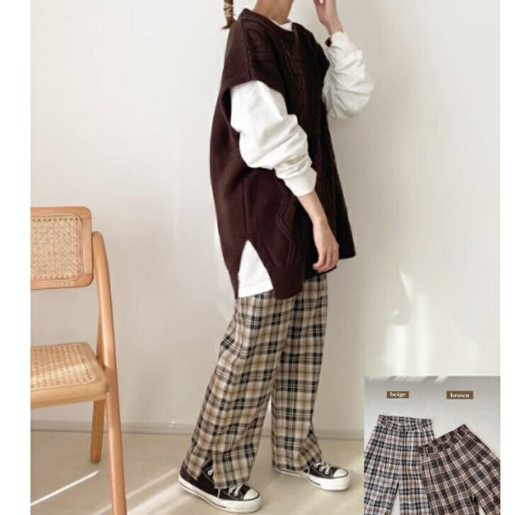 メール便送料無料！chocomee　チョコミー　スリットチェックパンツ　ベージュ　ブラウンのサムネイル