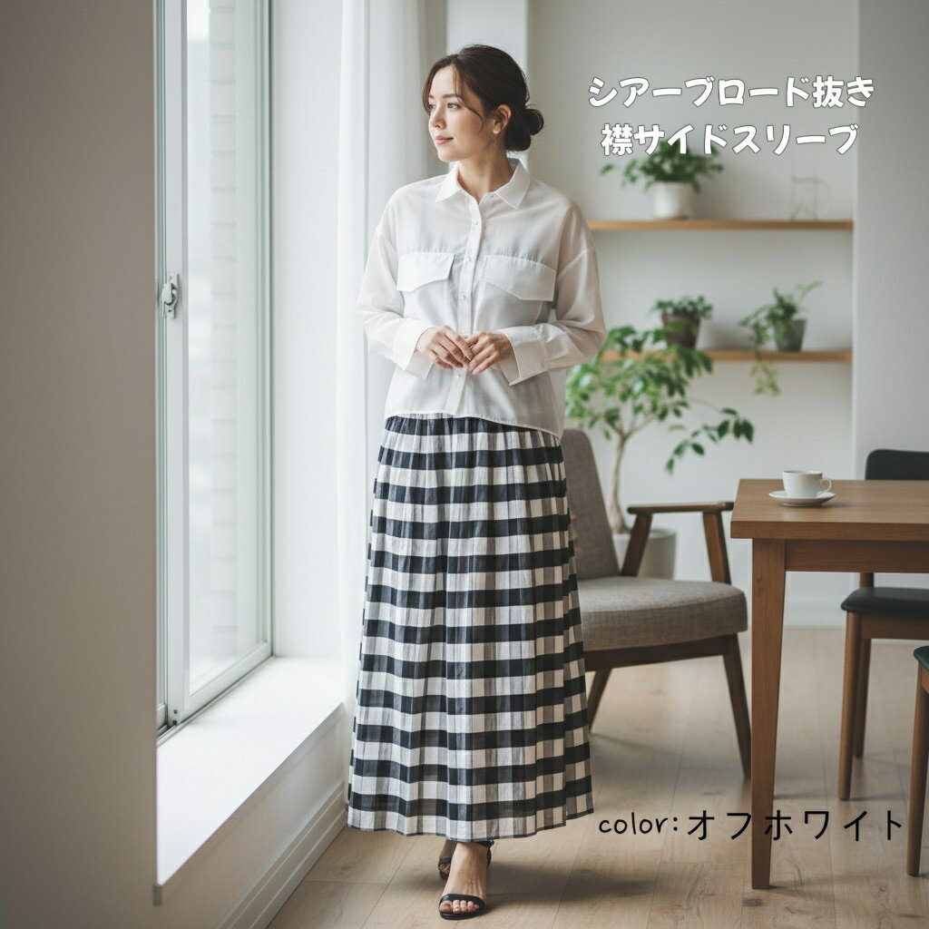 乐天商城 - 【40％OFF】【メーカー希望小売価格6,490円】シアーブロード抜き衿ワイドスリーブ　シアーシャツ　抜き衿　オフホワイト　サックス　ペールカーキ　ブラック　フリーサイズ