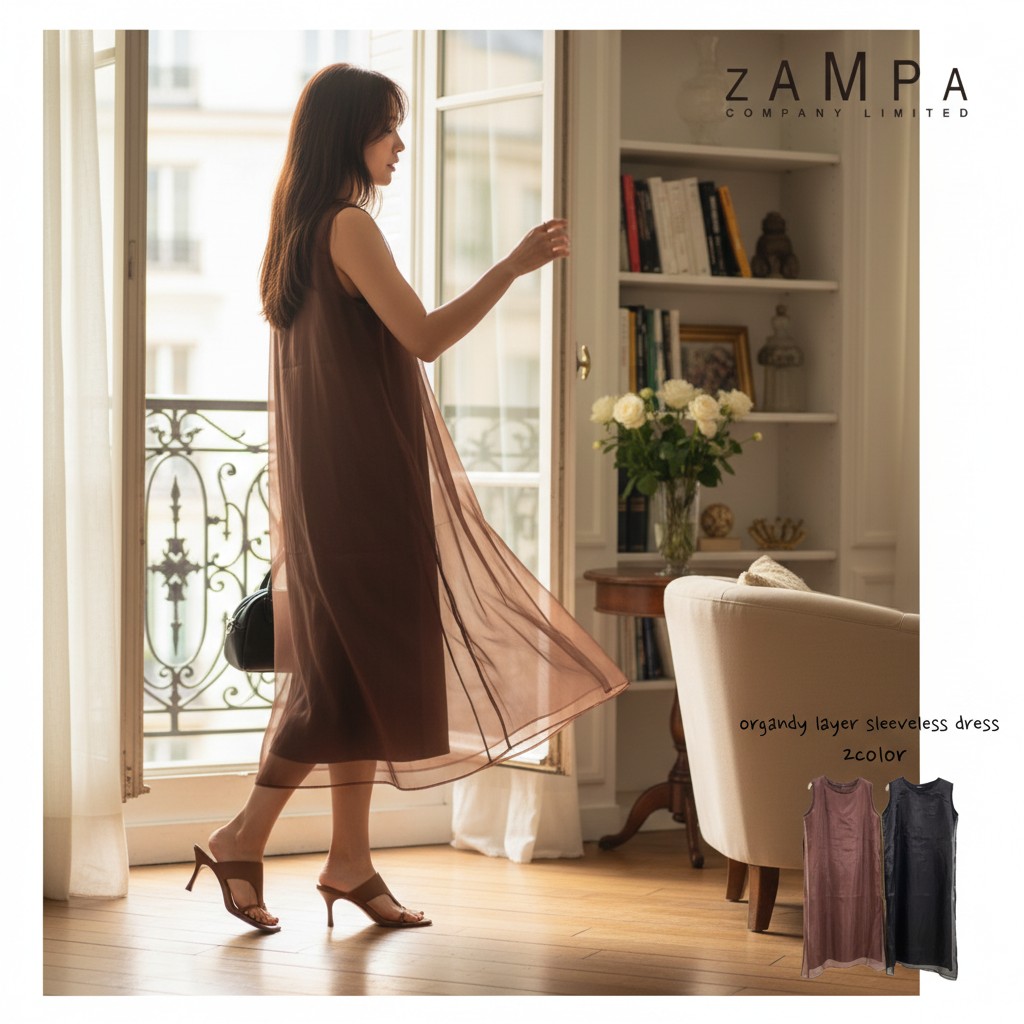 Rakuten - 【40％OFF】【メーカー希望小売価格5,390円】天竺+オーガンジーレイヤーノースリワンピース　ZAMPA　ザンパ　ブラウン　ブラック　Mサイズ