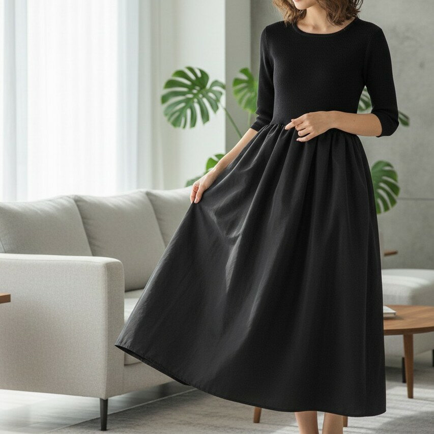 【40％OFF】【メーカー希望小売価格8,690円】ライトツイル切替ワンピース　bequadro　FREE　フリーサイズ　ブラック　グレー　グリーン