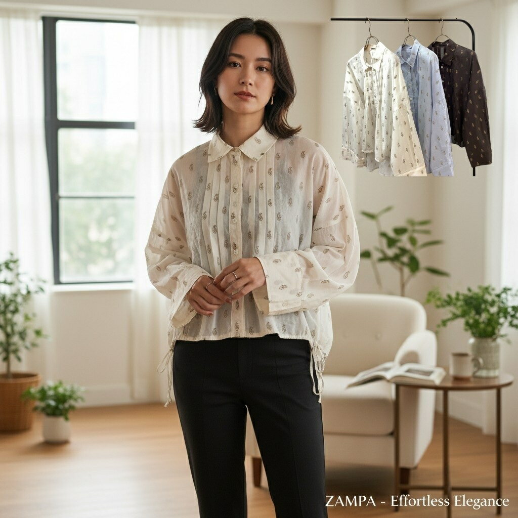 Rakuten - ZAMPA　グリッターペイズリー柄リボン付タックシャツ　型番31-0165