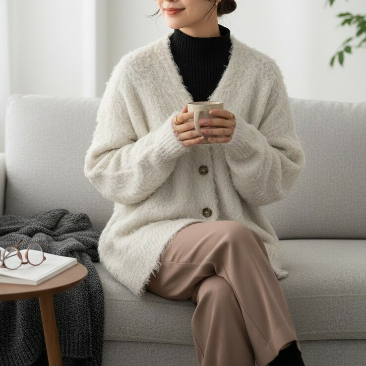 Rakuten - 【50％OFF】【メーカー希望小売価格8,690円】ZAMPA　ブークレ×シャギーVネックボリュームカーディガン　型番39-0352　チャコール　キャメル　ライトベージュ　ブルー　Mサイズ