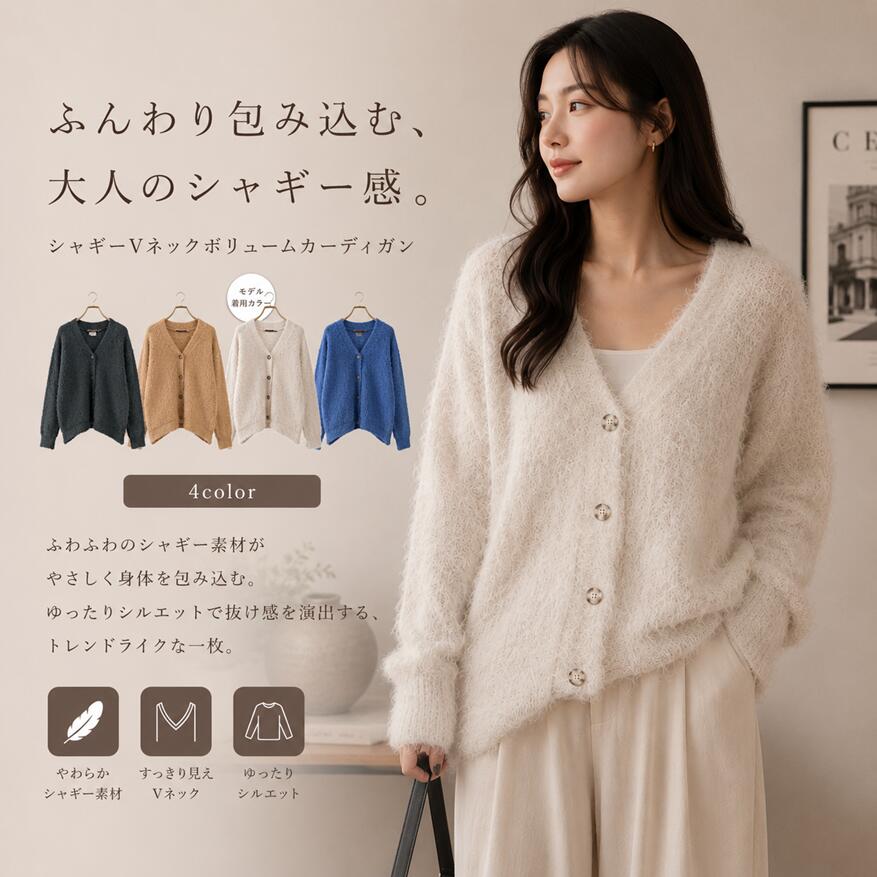 乐天商城 - 【50％OFF】【メーカー希望小売価格8,690円】ZAMPA　ブークレ×シャギーVネックボリュームカーディガン　型番39-0352　チャコール　キャメル　ライトベージュ　ブルー　Mサイズ