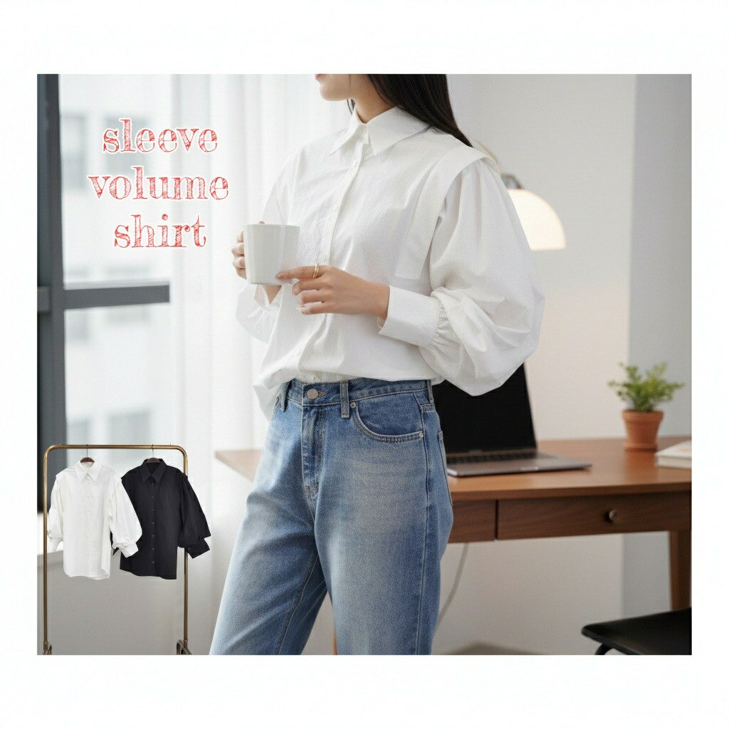 乐天商城 - 【40％OFF】袖ボリュームSH　ボリュームシャツ　ホワイト　ブラック　フリーサイズ　ボリューム袖ブラウス