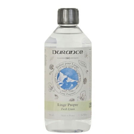 ブランド DURANCE デュランス 商品名 デュランス DURANCE マーベラスランプ オイル 500ml ※こちらの商品はランプベルジェ、アシュレイ＆バーウッドでは御座いません。 商品内容 マーベラスランプ専用オイル サイズ・容量 ボトルサイズ：直径約6.5cm×高さ18.0cm 内容量:約500ml フレグランス名 フレッシュリネン/Fresh Linen/150352 内容成分 オイル:精油3％・イソプロピルアルコール97％ ※ご注意点※ ※こちらの商品はランプベルジェやアシュレイ＆バーウッドでは御座いません。 ※オイルのボトルは大変柔らかくなっておりますので 凹み方によりオイルの内容量が異なって見える場合も御座いますが、全て同じ内容量で御座います。 ※輸入品のため、ボトルやラベルが傷んでいる場合があります。 ※製造・入荷時期によりパッケージ・仕様・セット内容が予告無く変更され、画像と異なる場合が御座います。 ※ラッピングサービスは御座いません。予めご了承ください。 関連商品 Duranceデュランスソフナー・ピローミスト等こちら☆ヾ⇒【DURANCE デュランスについて】 デュランス社はフランス・プロヴァンス地方のグリニャン城を見下ろす広大な敷地にラベンダー等の畑とオフィス・工場を所有し製品の製造・販売を行っています。 「製品に使用するエッセンス・香料はできる限り自社の畑で有機栽培しその他の香料も厳選されたものを使用する」というのが彼らのポリシーです。 デュランス社は大地の恵みを豊かに取り入れた、プロヴァンスの香りを世界に届けるトップブランドの一つです。 ブランド DURANCE デュランス 商品名 デュランス DURANCE マーベラスランプ オイル 500ml 商品内容 マーベラスランプ専用オイル容量:500ml サイズ・容量 ボトルサイズ：直径約6.5cm×高さ18.0cm 内容量:約500ml フレグランス名 フレッシュリネン/Fresh Linen/150352 内容成分 オイル:精油3％・イソプロピルアルコール97％ 商品取扱説明とご注意点 ※こちらの商品はマーベラスランプオイル単品の販売となり下記はマーベラスランプのご使用方法となります。 1、初めにファンネル(漏斗)を用いてオイルをマーベラスランプの半分以下の量を入れます。 (オイルの入れすぎは火が灯らない・芳香しない原因になります。) 2、ウィック(芯)をマーベラスランプの口にセット後、内キャップ(付属の小さな蓋)を30分間被せウィック(芯)にオイルを染み込むのを待ちます。 3、30分後、内キャップを外し点火後2分間待ち吹き消しますと芳香が始まります。 4、内キャップを被せますと芳香が停止します。 ※オイルが無くなる前に必ず芳香を停止してください。 ※ご注意点※ ※こちらの商品はランプベルジェ、アシュレイ＆バーウッドでは御座いません。 ※オイルのボトルは大変柔らかくなっておりますので 凹み方によりオイルの内容量が異なって見える場合も御座いますが、全て同じ内容量で御座います。 ※輸入品のため、ボトルやラベルが傷んでいる場合があります。 ※製造・入荷時期によりパッケージ・仕様・セット内容が予告無く変更され、画像と異なる場合が御座います。 ※ラッピングサービスは御座いません。予めご了承ください。 ボトルサイズ 高さ 直径 ONE SIZE 18.0 6.5 ≪サイズについて≫ 単位はすべてcmとなります。 上記のサイズは、同一商品を数点採寸した平均値です。商品によっては個体差がありますので誤差が生じることもございます。測定方法によっても誤差が生じますので予めご了承いただいた上、お買い求めくださいませ。 ※モニターの明暗度・解像度などの都合上カラーが実物と若干異なってしまう場合がございますので予めご了承ください。 関連商品 Duranceデュランスソフナー・ピローミスト等こちら☆ヾ⇒