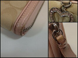 コーチ☆COACH☆シグネチャー☆パヴェ☆ハート☆チャーム☆アコーディオンジップアラウンド☆46408☆ラウンドファスナー☆長財布☆ライトカーキ×ピンク☆キャンバス×レザー☆札入れ☆小銭入れ☆ウォレット☆財布☆レディース【中古】bs1189