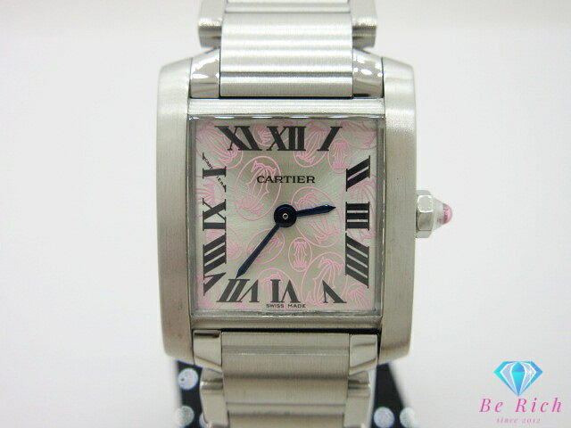 美品 カルティエ Cartier タンク フランセーズ SM ハッピーバースディ レディース 腕時計 W51008Q3 スクエア ピンク シルバー SS ブレス アナログ クォーツ QZ ウォッチ 【中古】【送料無料】 bt3675