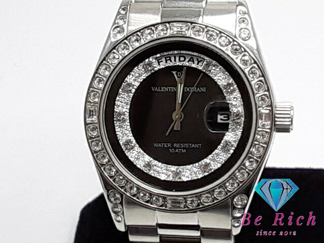 バレンチノ ドマーニ Valentino Domani メンズ 腕時計 デイデイト VD-2007 黒 ブラック シルバー ラインストーン SS ブレス アナログ クォーツ QZ ドレス ウォッチ 【中古】【送料無料】ht4320