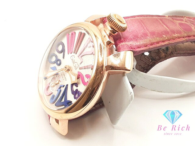 ガガミラノ GAGA MILANO マヌアーレ 48 手巻き メンズ 腕時計 5011.09S スモセコ シルバー マルチ ピンク ゴールド ブラウン 茶 SS レザー アナログ ウォッチ 【中古】【送料無料】 ht6088