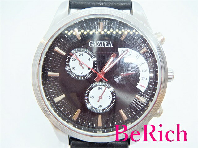 GAZTEA メンズ 腕時計 AM22 黒 ブラック 文字盤 SS レザー ブレス クロノグラフ風 アナログ クォーツ QZ 【中古】【送料無料】 ht3111