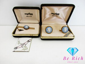 ウェッジウッド WEDGWOOD ジャスパー タイピン カフス ボタン セット ペール ブルー 青 ゴールド メッキ 陶器 ビジネス スーツ 小物 カフスリンクス 【中古】【送料無料】h1269