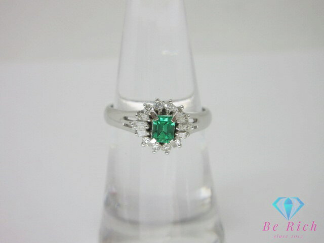 Rakuten - Pt850 プラチナ エメラルド 0.24ct ダイヤモンド 0.18ct 付 デザイン リング 指輪 11号 メレ 宝石 ジュエリー アクセサリー 【中古】【送料無料】th14888