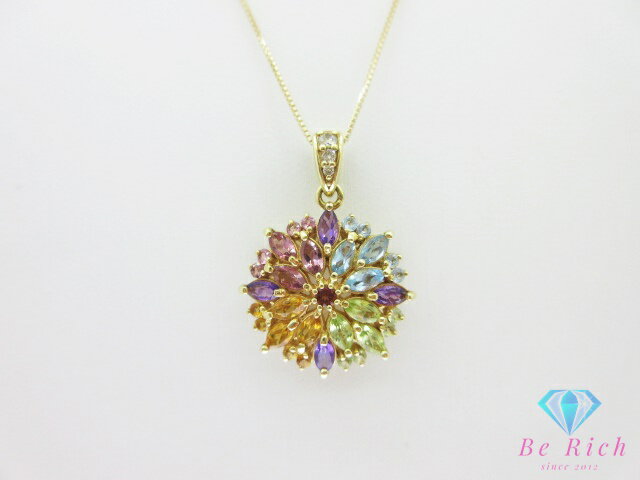 Rakuten - K18 YG マルチ カラーストーン 1.50ct ダイヤモンド 0.05ct 付 デザイン ネックレス ペンダント 18金 750 イエロー ゴールド 宝石 ジュエリー アクセサリー 【中古】【送料無料】 th15028
