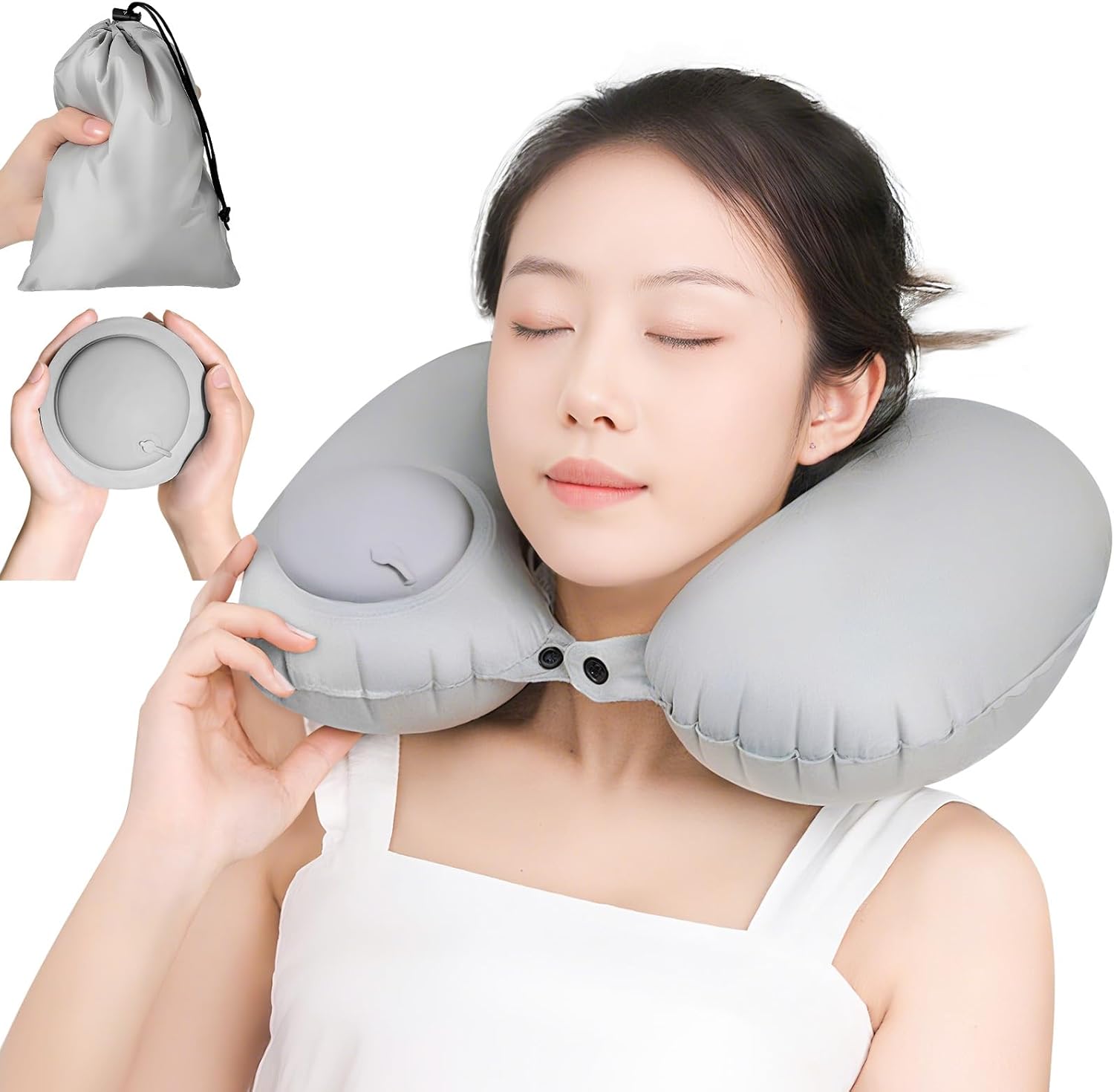 【超軽量 携帯枕】ネックピロー U型まくら ポンプ式 首枕 旅行用 空気枕 持ち運び便利 エアーピロー ネックピロー 手動プレス式膨らませる ねっくぴロー 飛行機 旅行枕 収納ポーチ付きクッション コンパクト 車 夜行深夜バス 新幹線 ソファ