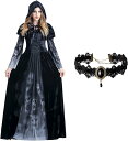 ハロウィン コスプレ 仮装 魔女 悪魔 吸血鬼 レディース コスプレ 衣装 ゴースト 幽霊 2点セット ドレス ブラックネックレスが付き スカルプリント 雰囲気づくり きれい ハロウィン イベント 学園祭 文化祭 演出服 パーティー(3)