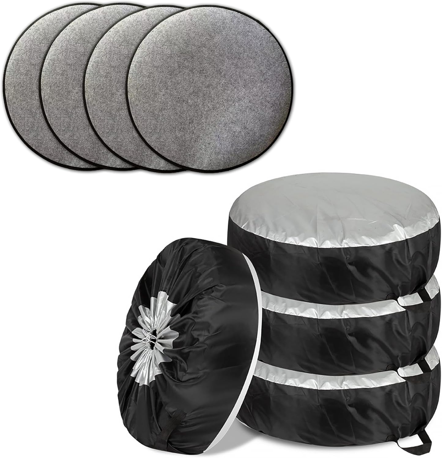 タイヤカバー 4本セット タイヤ保管カバー ェルトパッド4枚付き タイヤ収納 タイヤトート 取手付き 簡単装着 固定紐付 屋外 防紫外線 防水 防塵 普通自動車...