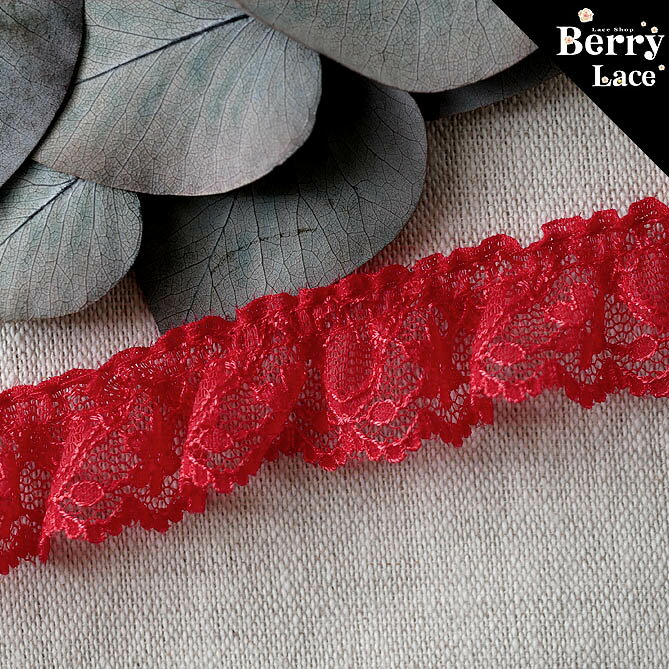 【 アウトレット* ハギレ】◇ ラッセル レース◇ 小花フリルB* 赤 1.35m巻き