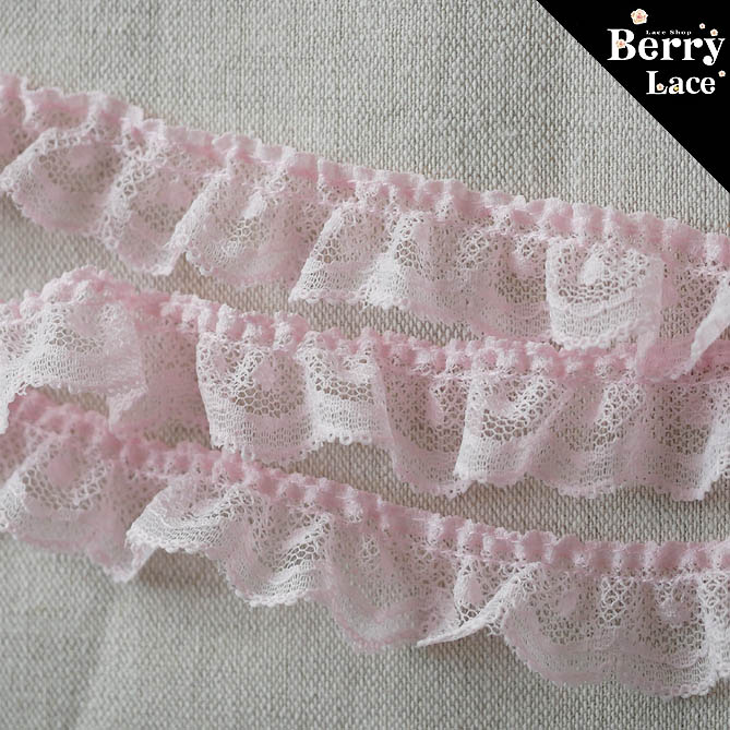 【 アウトレット* ハギレ】◇ ラッセル レース◇ ミニラッセル* フリル　ピンク 0.86m巻き