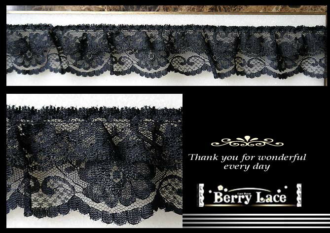 【 アウトレット* ハギレ】◎ 2段レース◎ 黒×黒 ** ミドル** フリル 0.47m ( ブラック/ ゴスロリ/ ベリーレース）