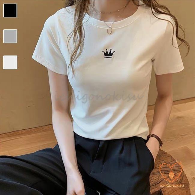 乐天商城 - Tシャツ レディース 半袖Tシャツ コットン クルーネック 夏Tシャツ 白 カットソー 半袖 サマーTシャツ 快適 シンプル ゆったり トップス 薄手