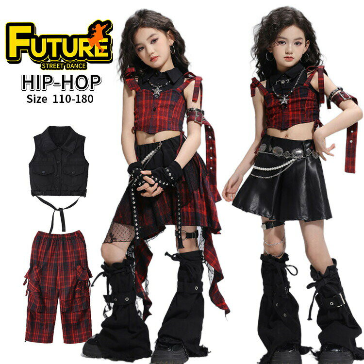 ダンス衣装 赤 黒 キッズ チェック柄 スカート へそ出し トップス 女の子 セットア...
