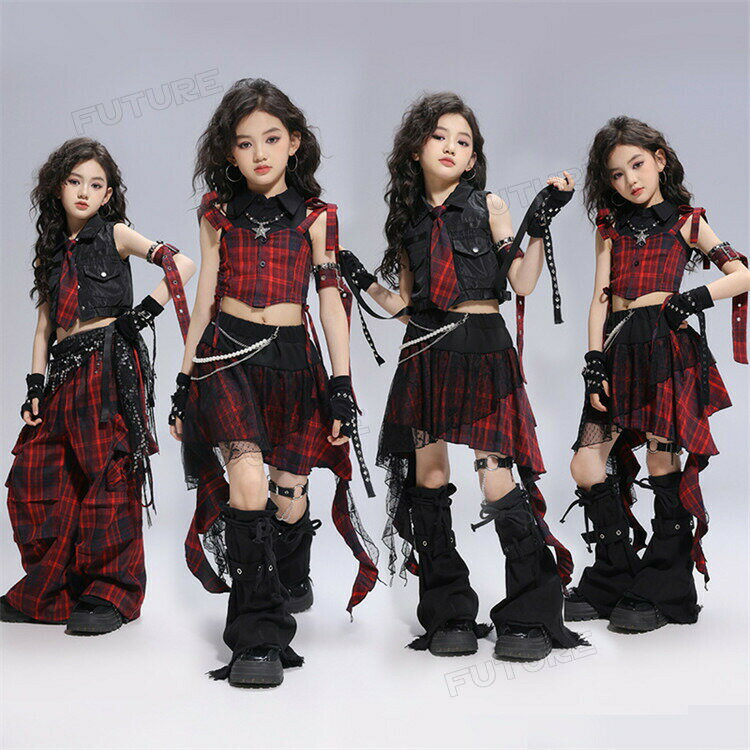 ダンス衣装 赤 黒 キッズ チェック柄 スカート へそ出し トップス 女の子 セットア...